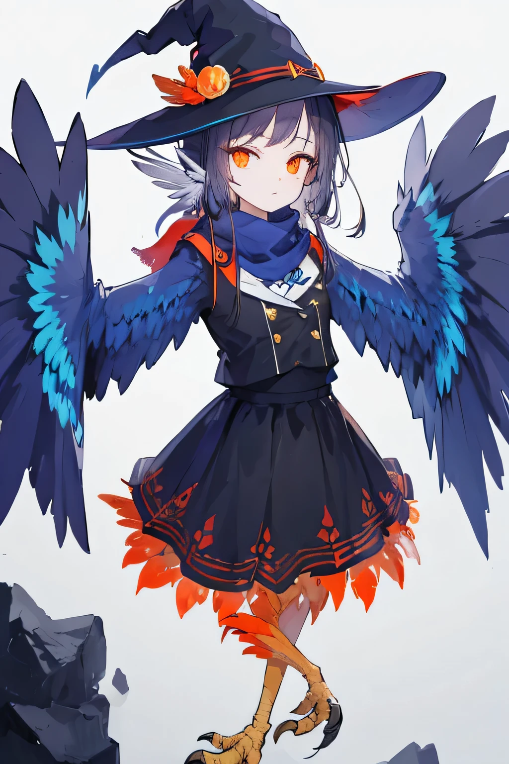 ((harpy winged arms:1.4)),blunt cut ,orange eyes,blue scarf,witch hat,black feather,Lolli,raven