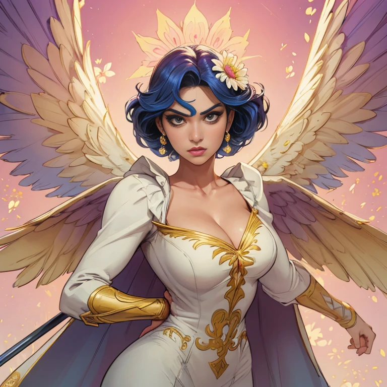 comics art,vivid colors,beautiful vintage super hero warrior woman with very big big wings,beautiful face,corpo de frente para o observador,segurando uma espada na frente do corpo,white dress with gold embroid details,little breasts, (determined face expression,flowery background,vivid colors,soft lighting)