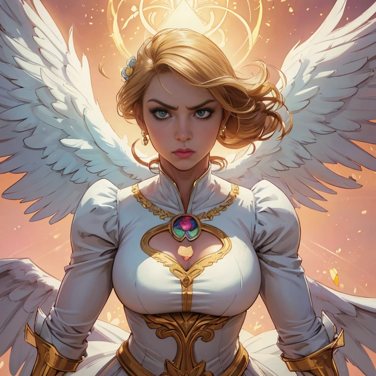 comics art,vivid colors,beautiful vintage super hero warrior woman with very big big wings,beautiful face,corpo de frente para o observador,segurando uma espada na frente do corpo,white dress with gold embroid details,little breasts, (determined face expression,flowery background,vivid colors,soft lighting)