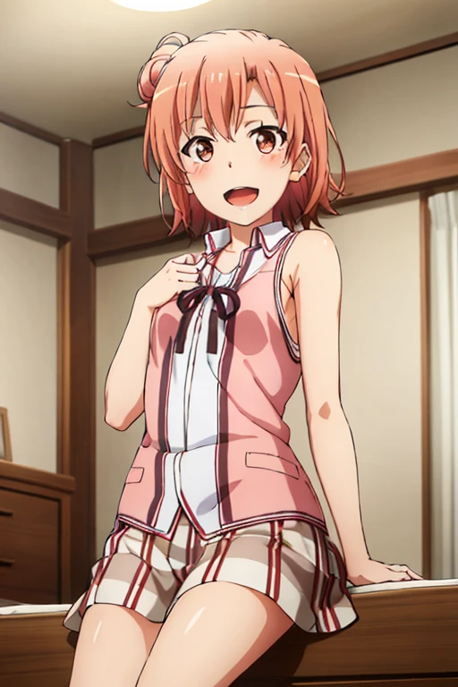 ((highest quality)), ((masterpiece)), (be familiar with), Perfect Face, indoor, Bedroom, Watching the audience,
One woman, Yuigahama Yui,
Open Mouth, Ecstatic expression, blush, smile,
Small breasts, Flat Chest, Young Girl, , , Girl,
Short Hair, Salmon-colored hair, Salmon-colored eyes, Side Pony,
Leg spread,