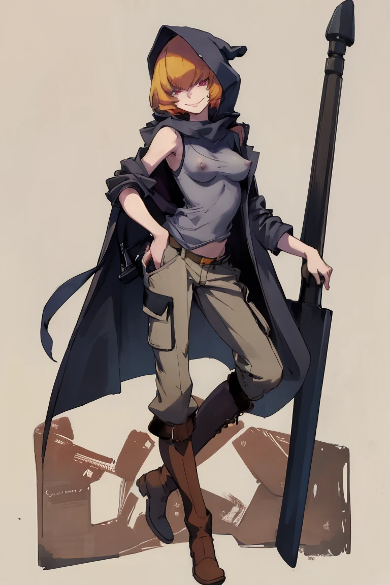 ((highest quality)), ((masterpiece)), (be familiar with),Clementine,Overload,{{nsfw}},Sleeveless hoodie,Grey Shirt,cargo pants,Bewitching Smile,whole body,boots,Long coat,Erect nipples
