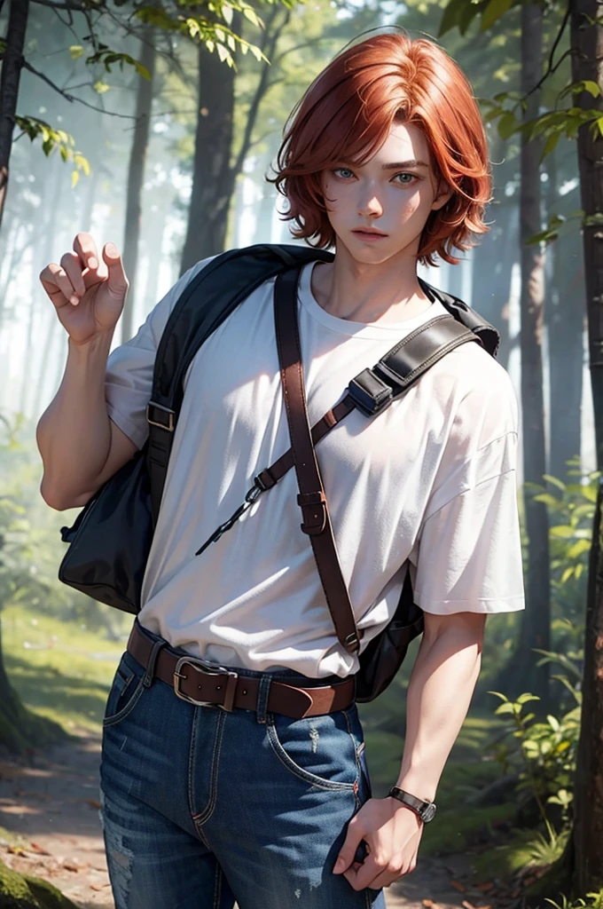 Young redheaded boy, short wavy hair, effeminate face, in the forest, drawing in a notebook, backpack and raccoon tail attached to the belt, modern clothing, torn denim pants, t-shirt, flower, light, sun, detailed face, brown eyes, detailed hair, detailed eyes, freckles, black-haired, blue-eyed best friend, taller and more muscular.