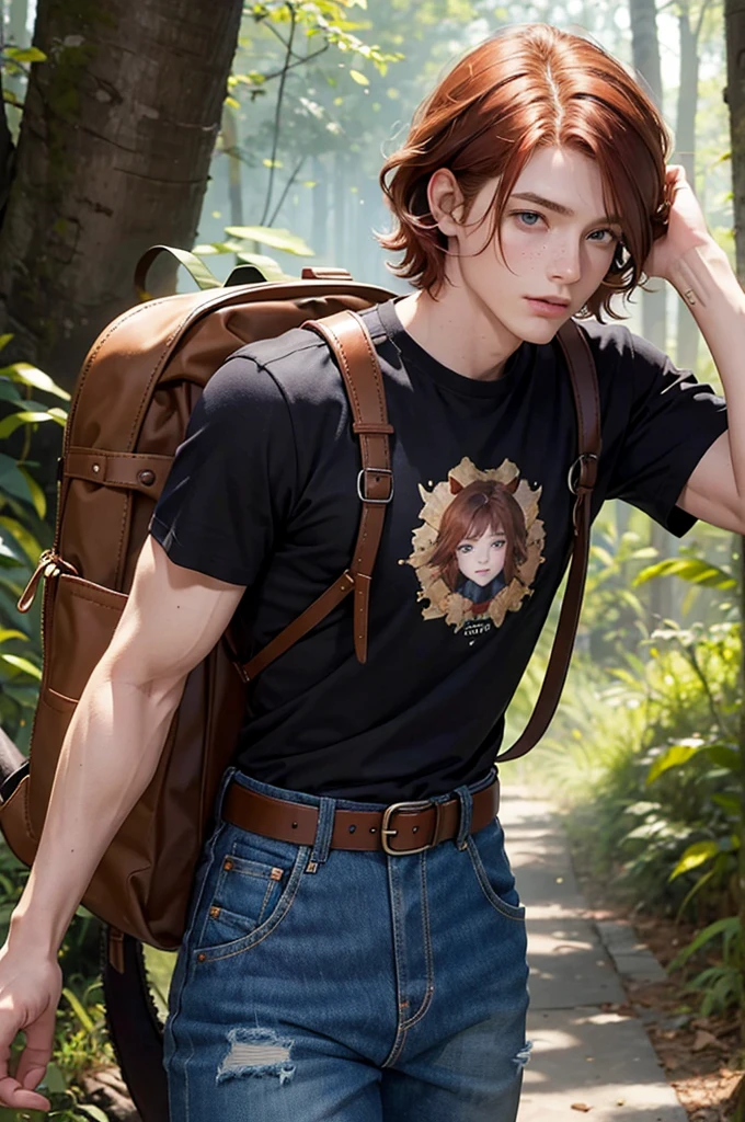 Young redheaded boy, short wavy hair, effeminate face, in the forest, drawing in a notebook, backpack and raccoon tail attached to the belt, modern clothing, torn denim pants, t-shirt, flower, light, sun, detailed face, brown eyes, detailed hair, detailed eyes, freckles, black-haired, blue-eyed best friend, taller and more muscular.