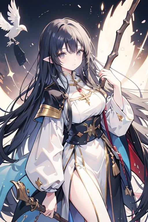 European medieval fantasy sorceress, Italian features, 22 years old, very long black hair, holds a long stick, with orbs