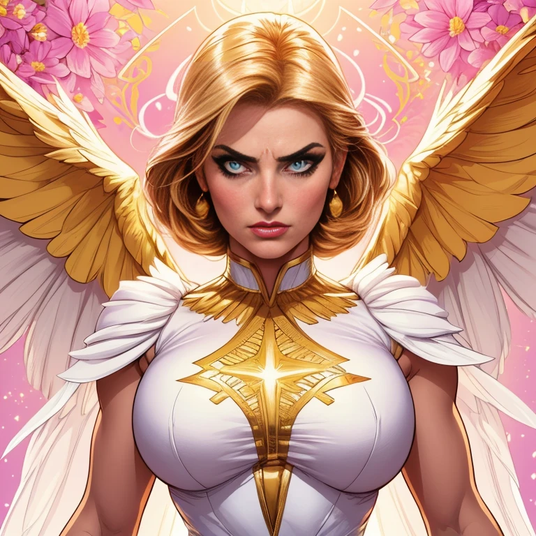comics art,vivid colors,beautiful vintage super hero warrior woman with very big big wings,beautiful face,corpo de frente para o observador,segurando uma espada na frente do corpo,white dress with gold embroid details,little breasts, (determined face expression,flowery background,vivid colors,soft lighting)