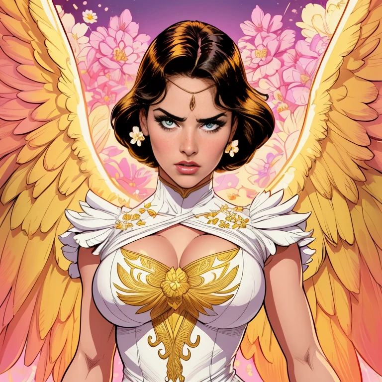 comics art,vivid colors,beautiful vintage super hero warrior woman with very big big wings,beautiful face,corpo de frente para o observador,segurando uma espada na frente do corpo,white dress with gold embroid details,little breasts, (determined face expression,flowery background,vivid colors,soft lighting)