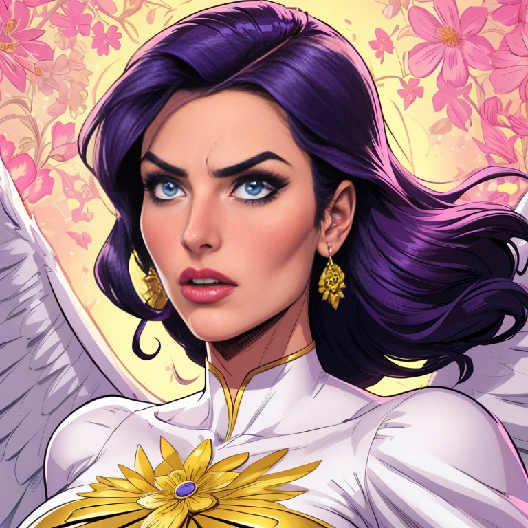 woman, anime, purple bodycon dress, yellow, Anthropomorphic, bear, wings, St. Basil&#39;s Cathedral, winter, dark hair, a stern look, Glossy magazine