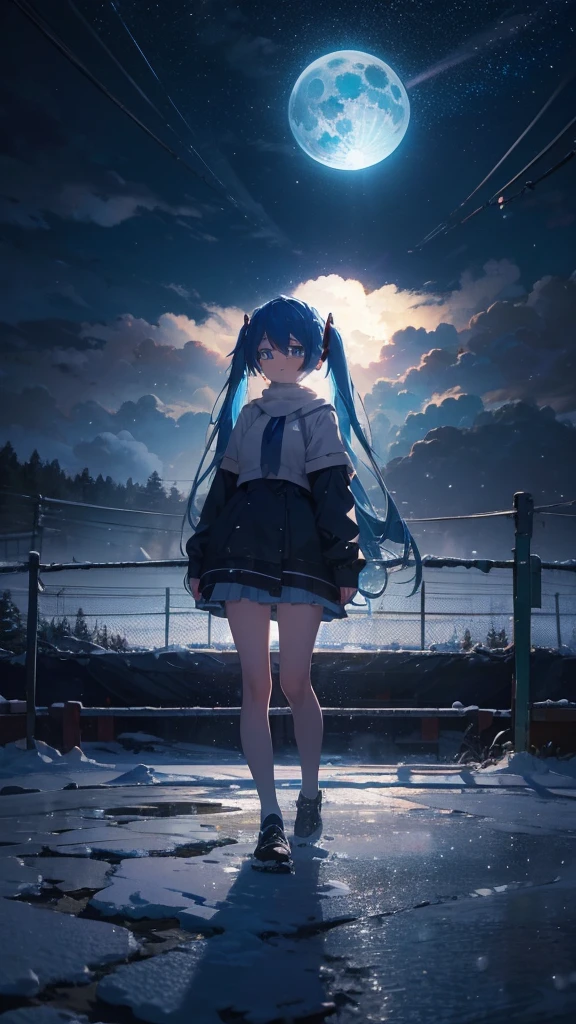 (masterpiece、highest quality)、1 girl ,Grim expression、hatsunemiku,Warm lighting、 Blurred foreground、night、High Contrast、Twin tails,blue gem eyes,Blue Hair,night,snowing,Heavy snowfall,winter,Alone in the vast snowy field,whole body,curse,Looking at me,Huge construction,moon,whole body,shine,bright,Sad expression,whole body,sad face,legs,Huge structures,universe,planet