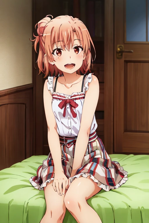 ((highest quality)), ((masterpiece)), (be familiar with), Perfect Face, indoor, Bedroom, Watching the audience,
One woman, Yuigahama Yui,
Open Mouth, Ecstatic expression, blush, smile,
Small breasts, Flat Chest, Young Girl, , , Girl,
Short Hair, Salmon-colored hair, Salmon-colored eyes, Side Pony,
Leg spread,