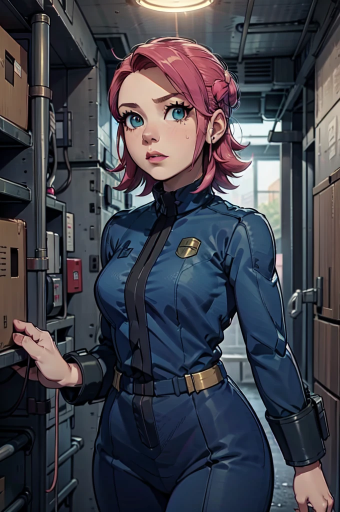 Mayl Sakurai reimagined as a vault dweller, doing maintenance in an underground vault. Her vibrant pink hair stands out against the dimly lit environment. She is a 26-year-old woman dressed in a vault dweller jumpsuit, indicative of her role in the post-apocalyptic world. The jumpsuit is worn but still functional, reflecting the harsh conditions of life underground. Her face is beautifully detailed, with expressive eyes that convey determination and intelligence. Her lips are also well-defined, adding to her overall allure.

In the vault, Mayl Sakurai is seen operating a pipboy, a wrist-worn device that serves as an essential tool and information hub for survival in the vault. The pipboy's screen emits a soft glow, illuminating Mayl's face and casting a subtle green hue on the surroundings. The details on the pipboy, from its buttons to its display, are extremely detailed, showcasing its futuristic design.

The underground vault is filled with mechanical equipment and pipes, emphasizing the importance of maintenance in this post-apocalyptic world. The atmosphere is gritty and industrial, with a hint of mystery and danger. The lighting is dim and has a hint of blue tones, enhancing the underground ambiance.

Despite the grim surroundings, Mayl Sakurai exudes confidence and strength as she jumps into action, ready to fulfill her duties as a vault dweller. Her posture and expression suggest that she is prepared to face any challenge that comes her way.

The image quality should be at its best, with 4K resolution and ultra-detailed rendering, capturing every intricate detail of the scene. The colors should be vivid, emphasizing the contrast between Mayl's vibrant pink hair and the dimly lit environment. The overall style should lean towards a post-apocalyptic concept art aesthetic, blending realism with a touch of fantasy.

In summary, the Stable Diffusion prompt for the provided theme would be:
Mayl Sakurai reimagined as a vault dweller, doing maintenance in an undergr