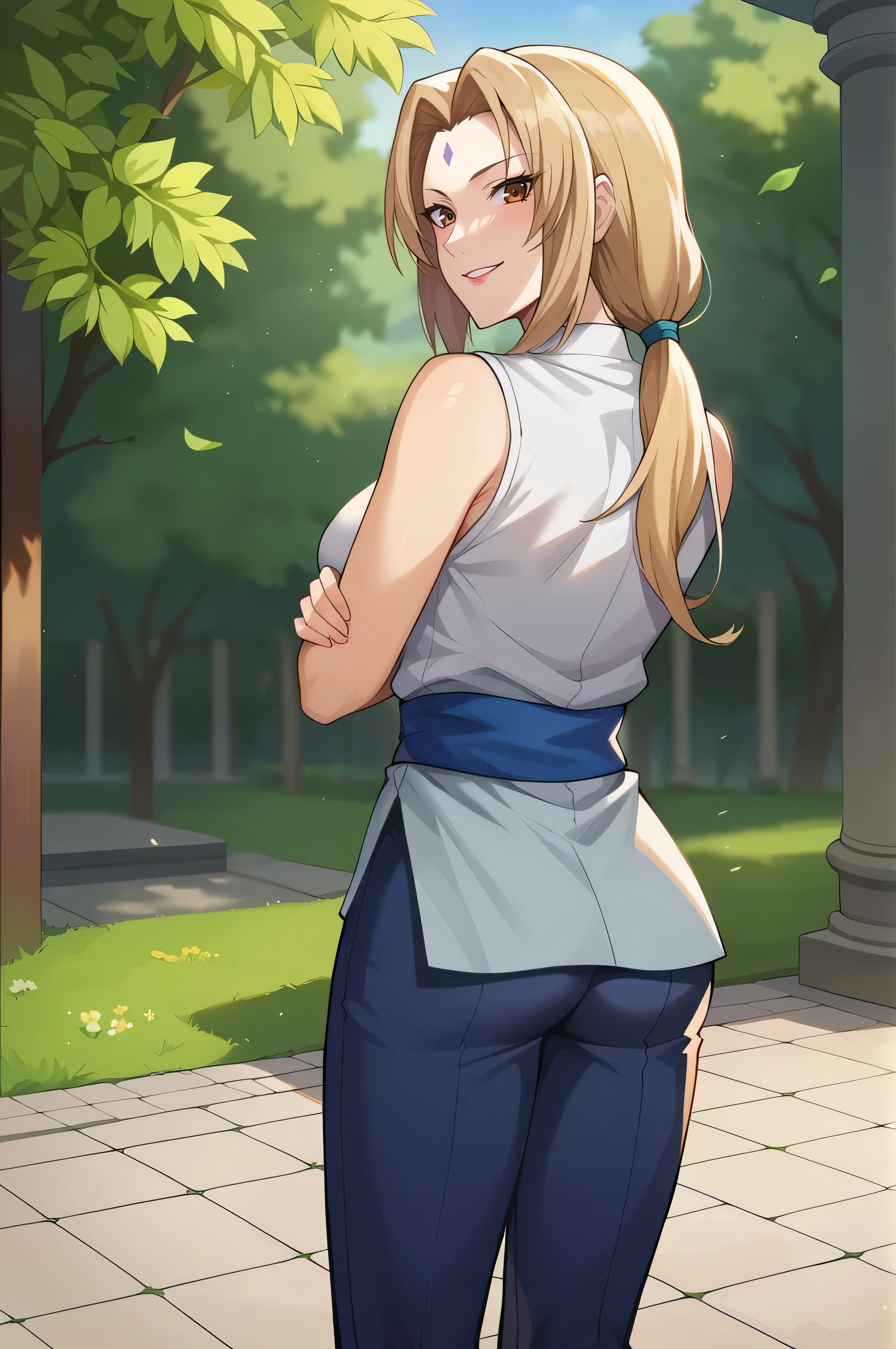 score_9, score_8_up, score_7_up, source_anime, rating_general, 1girl, mature female, Tsunade Senju, grey kimono, sleeveless, blue sash, capri pants, blue pants, arms crossed, legs apart, looking back, smile, outdoors, standing, windy, dynami angle