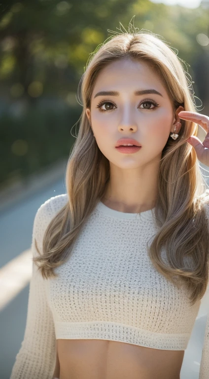 ((Realistic lighting, melhor qualidade, 8k, obra de arte: 1.3)), Foco claro: 1.2, 1 garota, figura perfeita: 1.4, Abdominais magros: 1.1, ((cabelo castanho escuro)), (top branco: 1.4), (ar livre, noite: 1.1), ruas da cidade, Rosto super fino, belos olhos, Palpebras duplas,