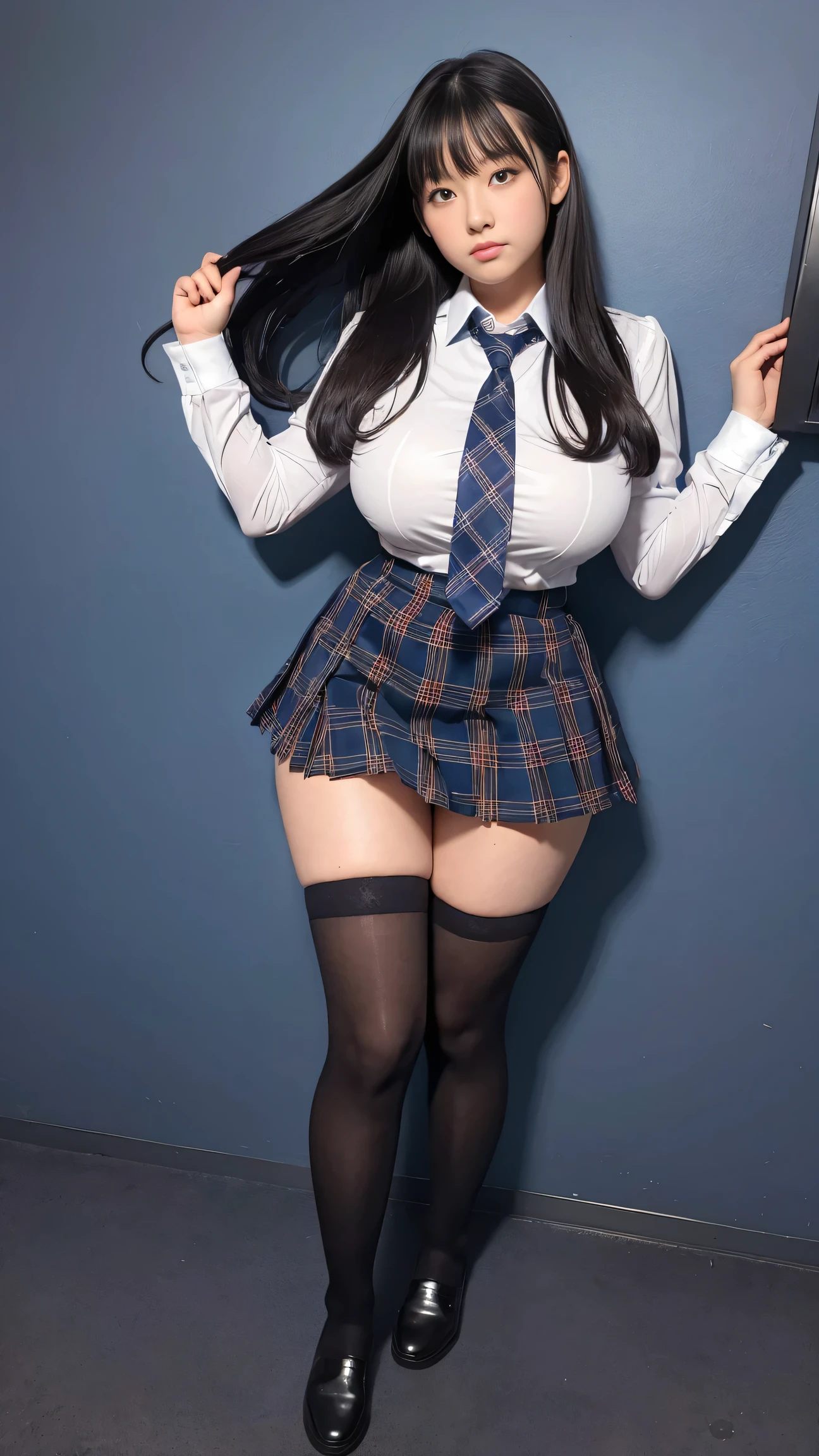 1 girl、18-year-old、Tremendously large breasts、(big breasts 60.0)high school girl、knee high stockings、long black hair、uniform(tie、Dark blue plaid mini skirt)Yclassroom background、please show me your underwear、lift up your skirt、profuse sweat on the thighs(1.8)、Low - Angle