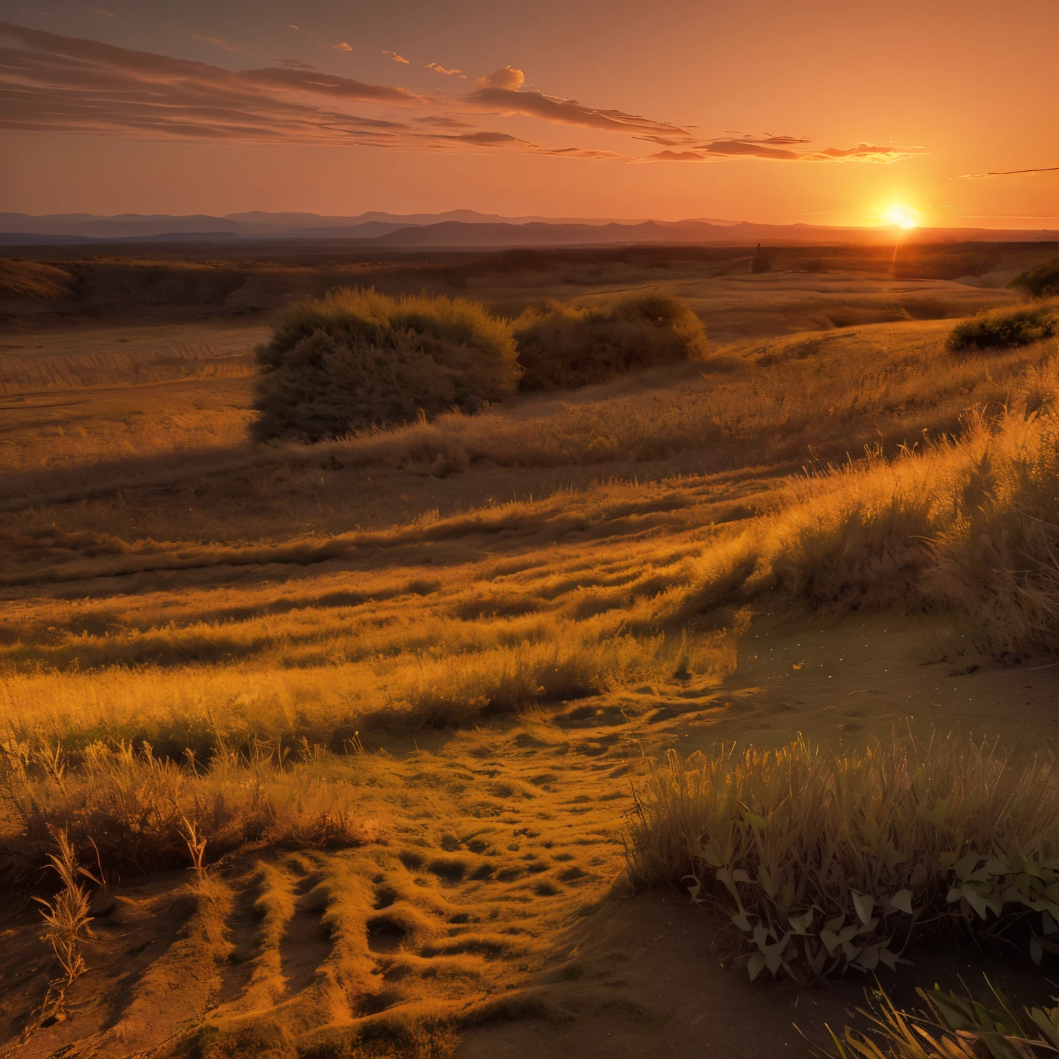 Create an image of a sunset in a natural landscape that creates a feeling of peace