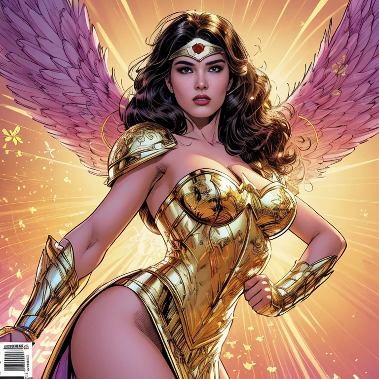 comics art,vivid colors,beautiful vintage super hero warrior woman with very big big wings,beautiful face,corpo de frente para o observador,segurando uma espada na frente do corpo,white dress with gold embroid details,little breasts, (determined face expression,flowery background,vivid colors,soft lighting)