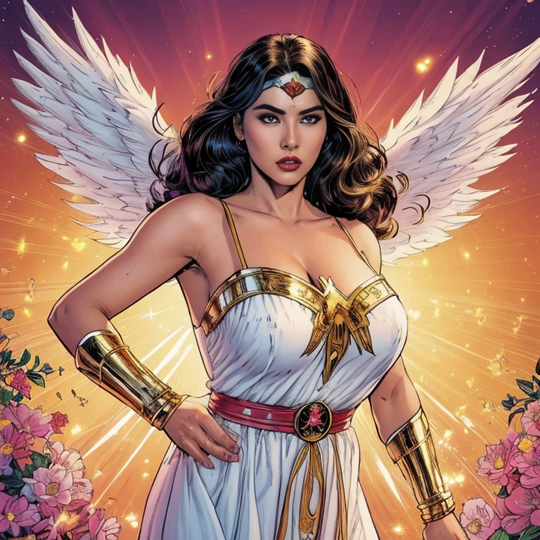 comics art,vivid colors,beautiful vintage super hero warrior woman with very big big wings,beautiful face,corpo de frente para o observador,segurando uma espada na frente do corpo,white dress with gold embroid details,little breasts, (determined face expression,flowery background,vivid colors,soft lighting)