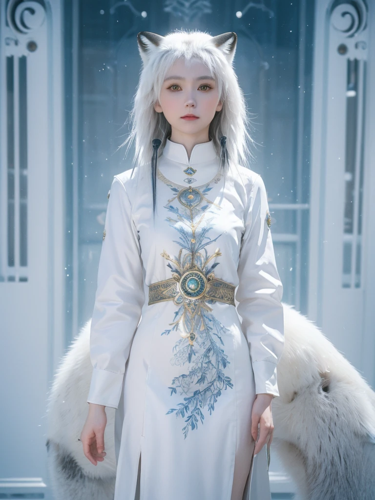 (((Solo exhibitions)), white and gold clothes, many decorative garments, (whole body) Take detailed photos of the most beautiful artworks, Intricate details, High Detail, Ultra Practical, Hidden armor, , 写实的Anthropomorphic Art, (Anthropomorphic Art!!!, (((Female human arctic fox priest)), forest, Very, Very beautiful human art, Practical, 8k, Nobody's hair, no duplication, There are no duplicate tails, No clones, No big heads