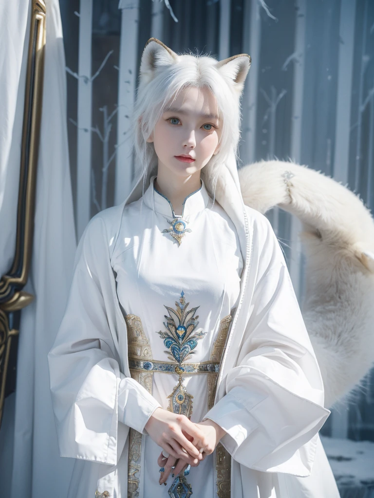 (((Solo exhibitions)), white and gold clothes, many decorative garments, (whole body) Take detailed photos of the most beautiful artworks, Intricate details, High Detail, Ultra Practical, Hidden armor, , 写实的Anthropomorphic Art, (Anthropomorphic Art!!!, (((Female human arctic fox priest)), forest, Very, Very beautiful human art, Practical, 8k, Nobody's hair, no duplication, There are no duplicate tails, No clones, No big heads