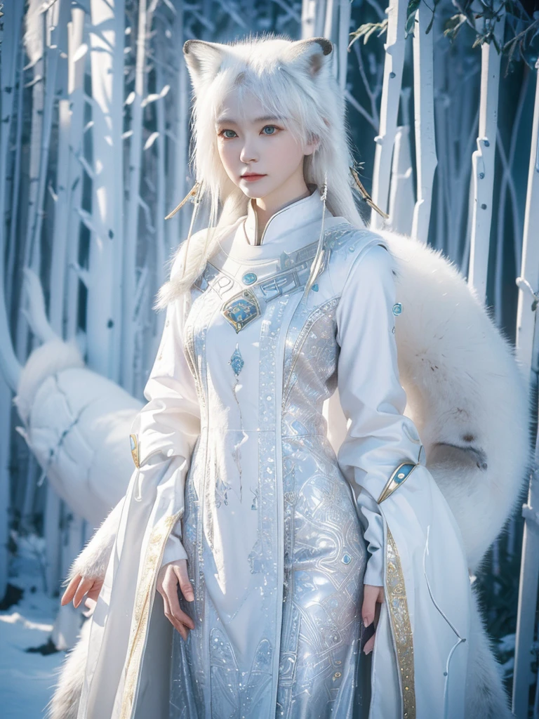 (((Solo exhibitions)), white and gold clothes, many decorative garments, (whole body) Take detailed photos of the most beautiful artworks, Intricate details, High Detail, Ultra Practical, Hidden armor, , 写实的Anthropomorphic Art, (Anthropomorphic Art!!!, (((Female human arctic fox priest)), forest, Very, Very beautiful human art, Practical, 8k, Nobody's hair, no duplication, There are no duplicate tails, No clones, No big heads