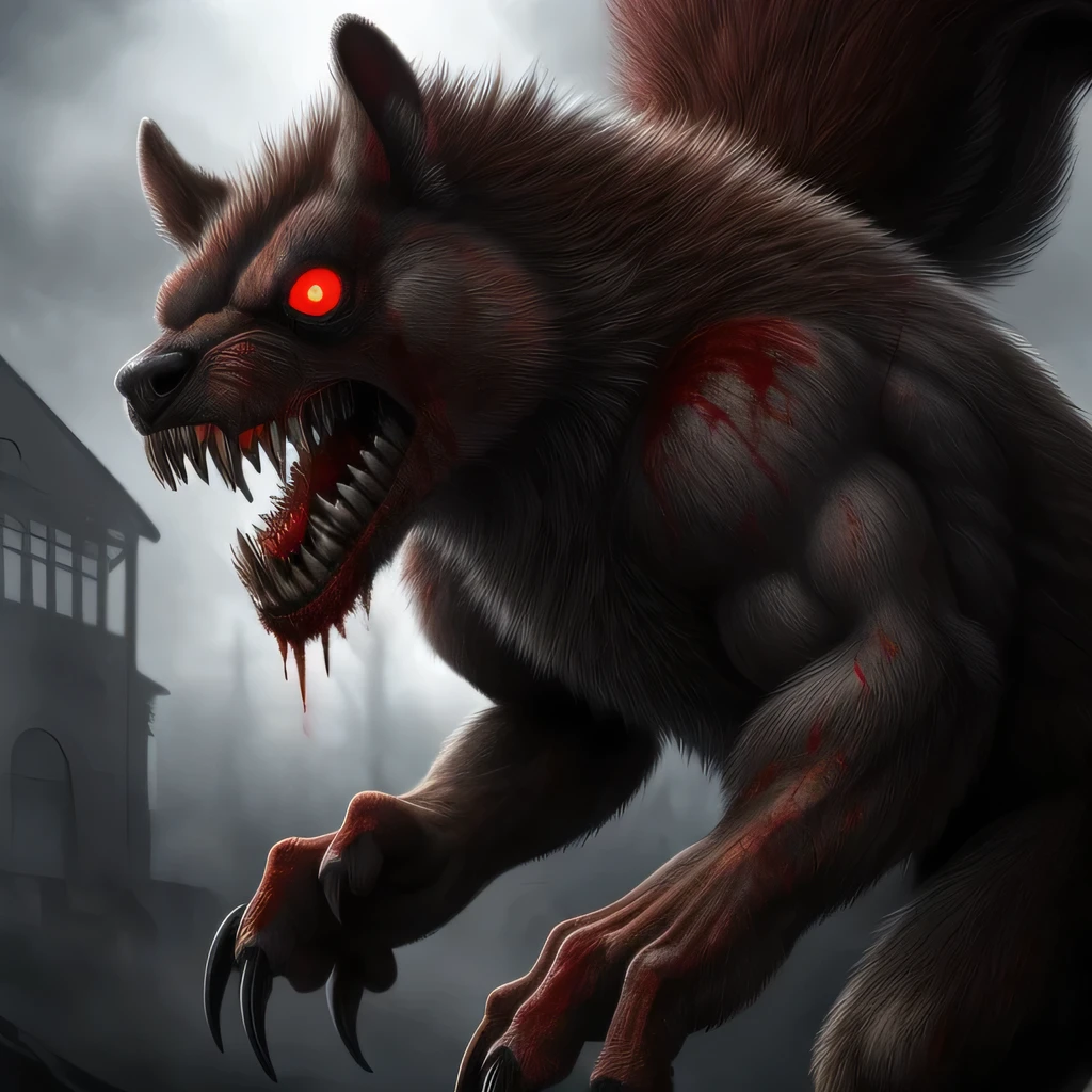 Skye, female wolf, anthro, long messy ginger hair, magenta eyes, tall, busty, curvy, muscular, fluffy, ragged clothing, laboratory background, running in a corridor, dark lighting, omnious, scary, bloody, blood everywhere, extrenely detailed, solo, beautiful, high quality, 4K, 8K, HDR