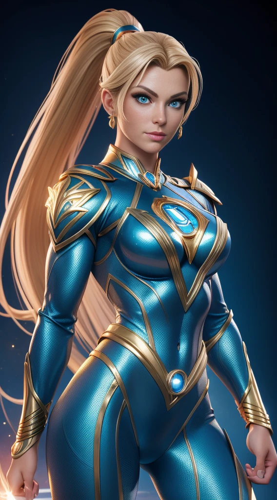 ( masterpiece, 4K resolution, Surreal, Very detailed) Sexy superheroine cool fighting long blonde ponytail glowing blue eyes wearing blue costume gold shoulder pads gold bracelets showing abs midriff with a Z symbol on chest portrait photography by artgerm, a realistic style, Shiny skin, Cartoon Core, Comic Core, natural lighting, Full lips. Muscle Fitness Female Body (In space)
