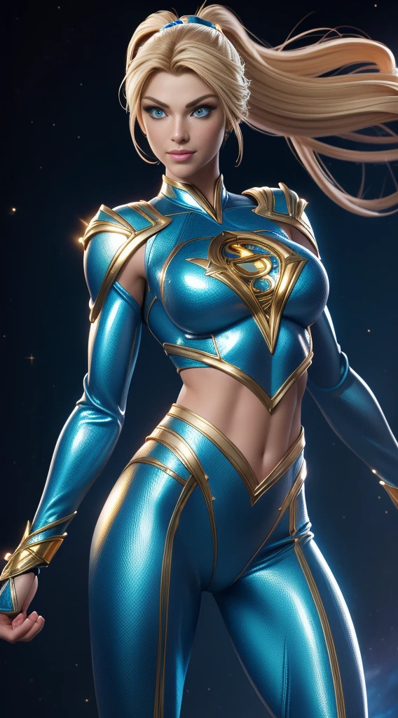 ( masterpiece, 4K resolution, Surreal, Very detailed) Sexy superheroine cool fighting long blonde ponytail glowing blue eyes wearing blue costume gold shoulder pads gold bracelets showing abs midriff with a Z symbol on chest portrait photography by artgerm, a realistic style, Shiny skin, Cartoon Core, Comic Core, natural lighting, Full lips. Muscle Fitness Female Body (In space)