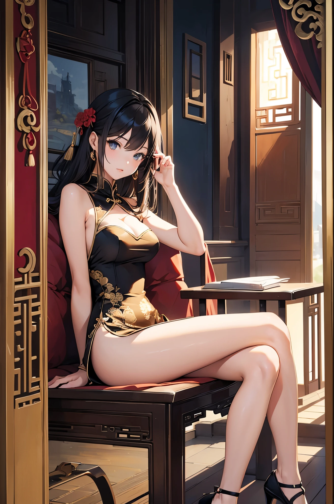 a sexy woman, (best quality), (masterpiece), (1girl), slim, anime, (flat chested), (chinese dress), (sitting and legs up), (protrait), (full body view)
