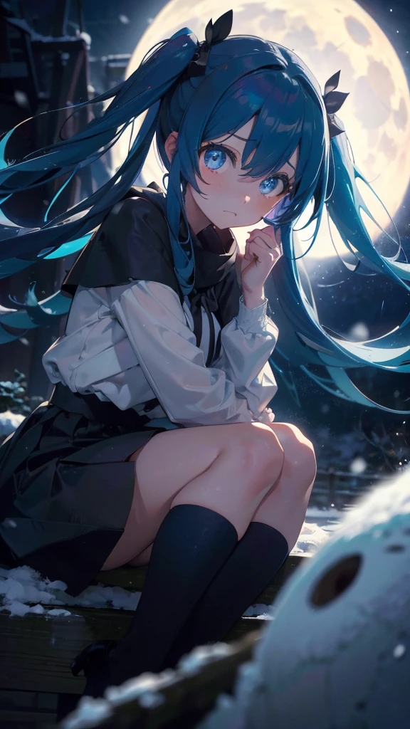 (masterpiece、highest quality)、1 girl ,Grim expression、hatsunemiku,Warm lighting、 Blurred foreground、night、High Contrast、Twin tails,blue gem eyes,Blue Hair,night,snowing,Heavy snowfall,winter,Alone in the vast snowy field,whole body,curse,Looking at me,Huge construction,moon,whole body,shine,bright,Sad expression,whole body,sad face,legs,Huge structures,universe,planet,Close-up of face