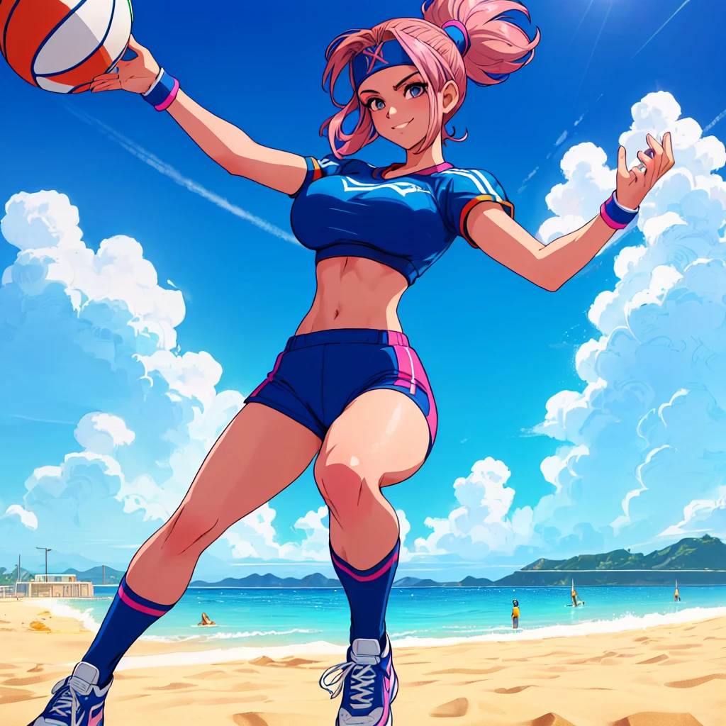 imagined a girl in extreme sport outfit playing to a flying disc game in a beach arena game sport, masterpiece, ultra-detailed, 80's anime (style), 2D, megapixel, perfectionism, full HD , 4K, (windjammers), windjammers sport game, windjammers 2 (((((solo mature anime woman,)))))++++++++++++++++++, looking at viewer, full body, brown hair and pink hair, short hair, weird hair, smile, lips, eyelashes, medium breasts, gym uniform, uniform, gym shorts, headband, sports bra, elbow pad, knee pad, extreme sports outfit 80's theme, beach background, playing flying disc game on a beach court game, sea, sun in the sky, sports wear