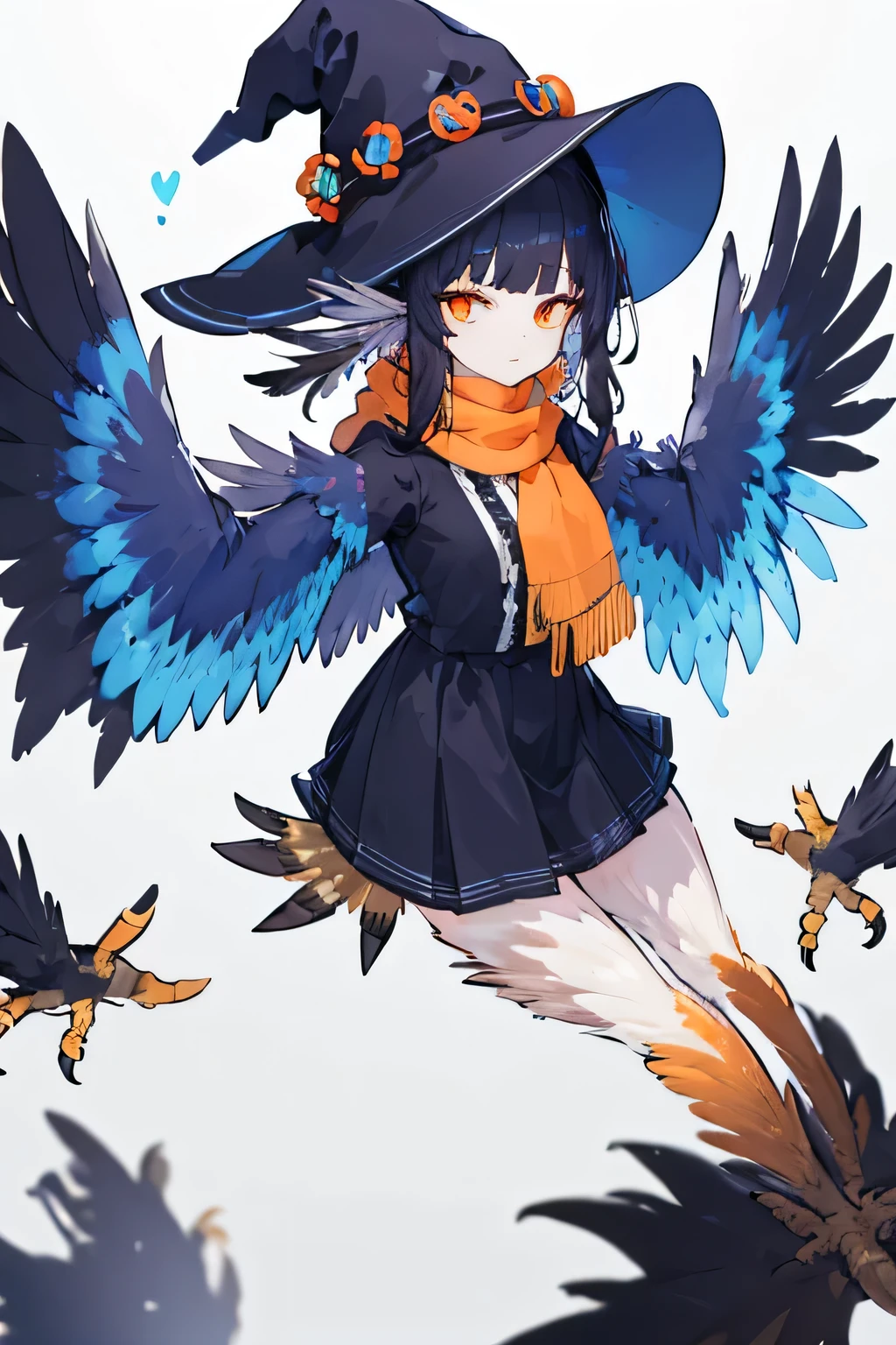 ((harpy winged arms:1.4)),blunt cut ,orange eyes,blue scarf,witch hat,black feather,Lolli,raven