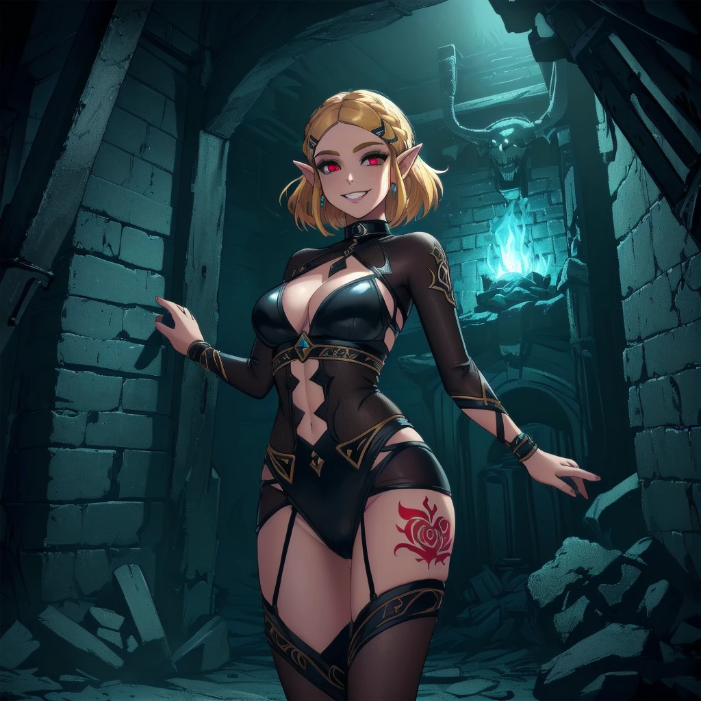 (zelda totk reimagined as a corrupted dark queen by ganon )+++, sfw++,masterpiece, best quality, high quality, illustration, film grain,(perfect female )++, beautiful detailed eyes, (symbol of evil:1.2),milf zelda, lascivious woman, (evil smile:1.1), (villain, dark heroine:1.2), (perfect female proportions:1.1), (seductive eyes:1.2), eyeliner, mascara, sexy makeup, (seductive smile:1.2), (mature woman:1.4),masterpiece, best quality, high quality, illustration, film grain, 1girl, (glowing evil red eyes), evil grin, crazy eyes, (high resolution, masterpiece, ultra best quality, insanely amazing hyper fine extremely detailed, official:1.4) dark heroine anime girl with short hair in a dark and evil place, extremely detailed artgerm, (official:1.4), dynamic composition, (solo girl:1.4), {sfw}, masterpiece, ultra-detailed, iconic attack, dominatrix, spiked collar, dark kingdom, bad end, 1girl, solo female, solo focus, mature female, standing, full body, looking at viewer, dark zelda totk, dark queen, evil, corruption, contrapposto, mind break, blond hair, (short hair:1,5), evil smile, lips, eyelashes, evil grin, dark aura, thigh_clothes, ,alternate costume, bdsm, (intricate details:1.12), (intricate details, hyperdetailed:1.15), hdr, dungeon, (at night:1.2), fireplace, warm light, dramatic light, cinematic,creepy dungeon, dark aesthetic, goth aesthetic, creepy, ominous background, dark atmosphere, death atmosphere, green and red atmosphere, evil dungeon background, gothique, faint darkness, ((red glow crotch tattoo)),