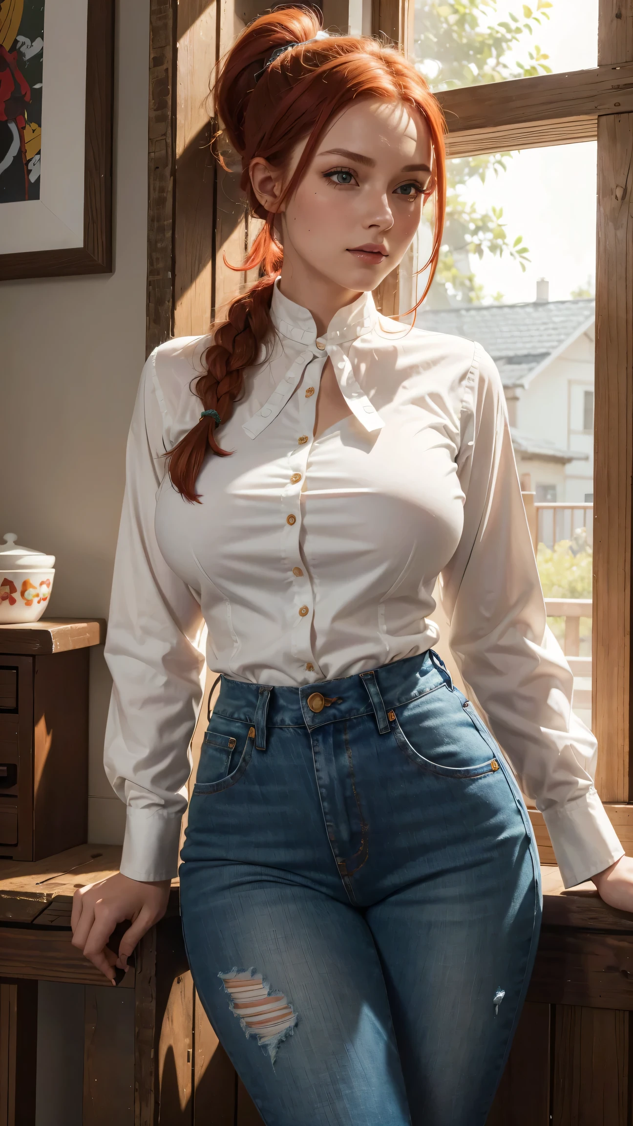 Jessie, a , slender woman with a rustic appeal, stands before a corral on a sunny afternoon. Her red hair is pulled back into a long, braided ponytail secured with a yellow rope. Her green eyes sparkle with excitement as she watches the scene before her. Wearing a two-tone western-style shirt, her blouse is a white long-sleeved top with a yellow front yoke, edged in red and adorned with a red curvy pattern. The cuffs of her shirt match, each with the same red curvy patterns and two white buttons on the front. Her jeans are blue with white chaparritas in front, decorated with cow. White hat, huge breasts