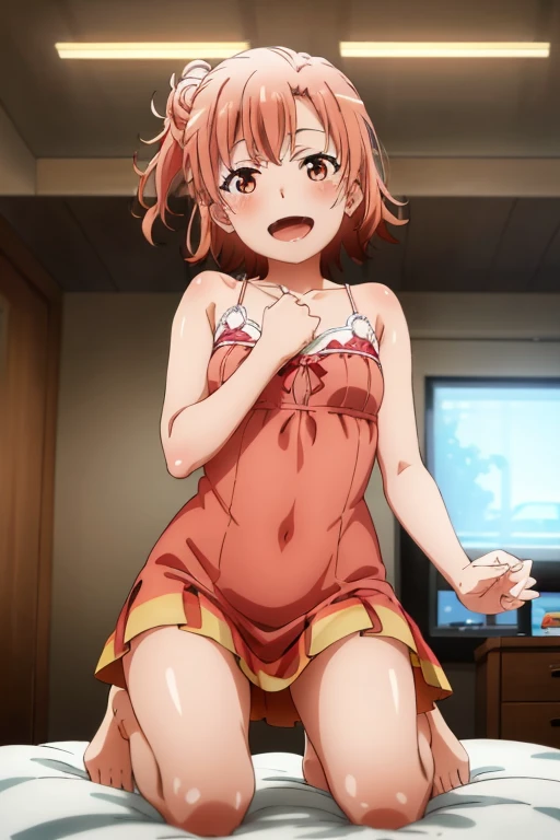 ((highest quality)), ((masterpiece)), (be familiar with), Perfect Face, indoor, Bedroom, Watching the audience,
One woman, Yuigahama Yui,
Open Mouth, Ecstatic expression, blush, smile,
Small breasts, Flat Chest, Young Girl, , , Girl,
Short Hair, Salmon-colored hair, Salmon-colored eyes, Side Pony,
Leg spread,