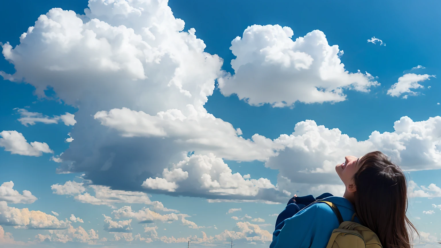 [(Cloud Background:1.5),::5] (Isoscale:1.0), Vast Sky, Beautiful skyline, Rear View, Rear View, Recall, Realistic buttocks, Big Ass, Beautiful thighs, Wide grassland, Very tense and dramatic photo, Moving visual effects, Polaris in extreme difficulty, Colorful natural light. Long sleeve tops, Denim shorts, (((Japan 13-year-old girl, smile))), Narrow waist, Thin thighs, Long legs, Girl with backpack.