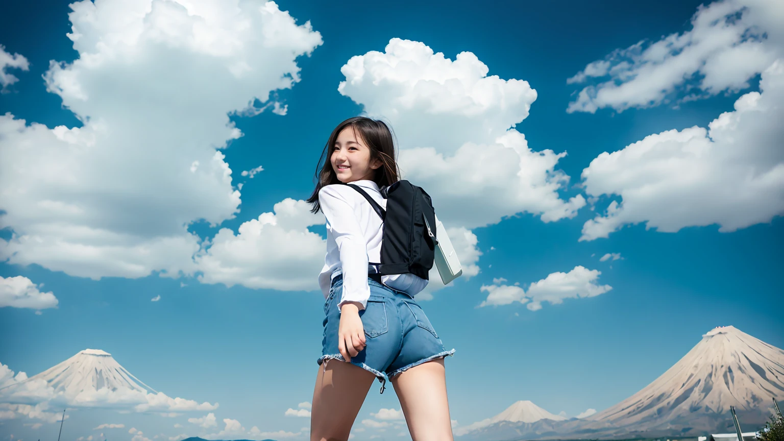[(Cloud Background:1.5),::5] (Isoscale:1.0), Vast Sky, Beautiful skyline, Rear View, Rear View, Recall, Realistic buttocks, Big Ass, Beautiful thighs, Wide grassland, Very tense and dramatic photo, Moving visual effects, Polaris in extreme difficulty, Colorful natural light. Long sleeve tops, Denim shorts, (((Japan 13-year-old girl, smile))), Narrow waist, Thin thighs, Long legs, Girl with backpack.
