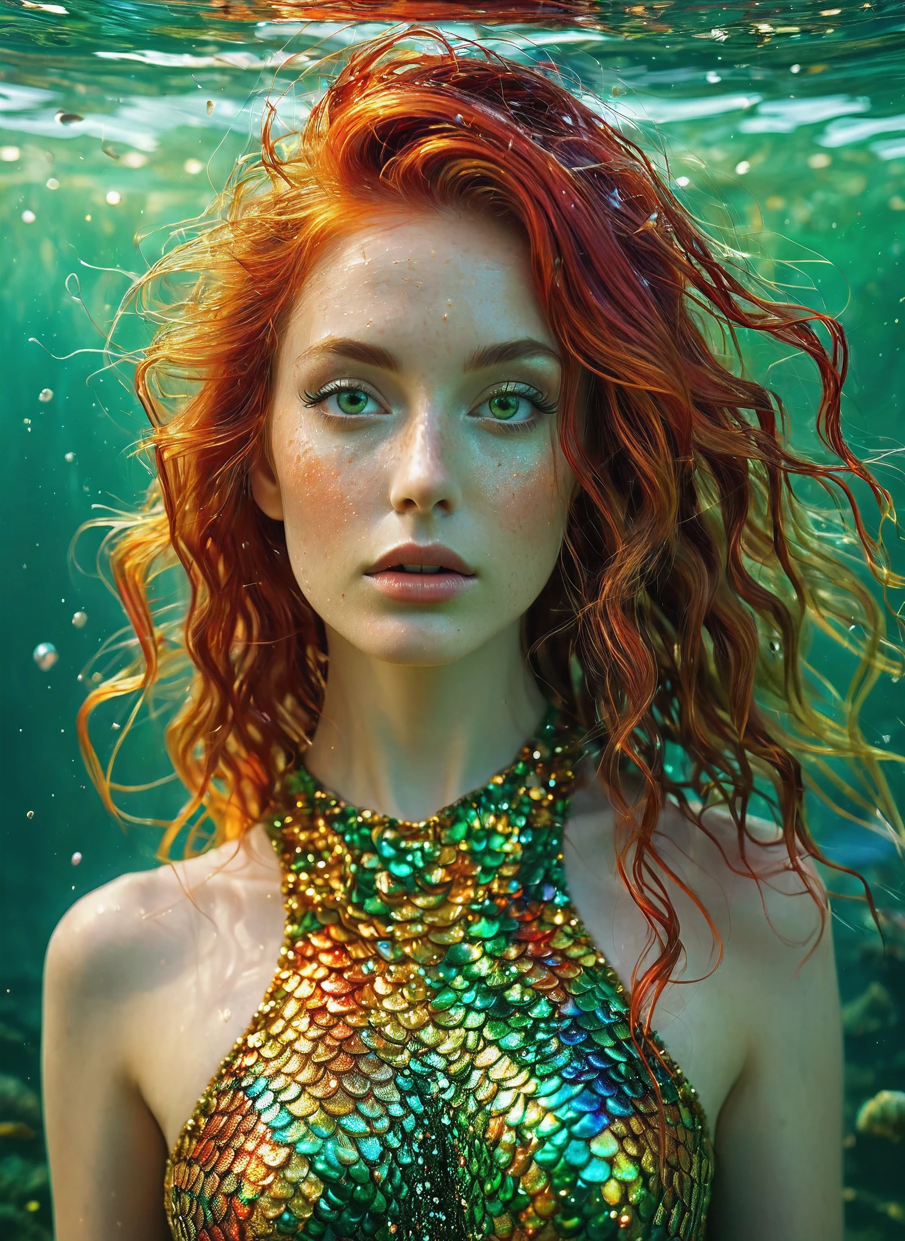 Frontal portrait of an extravagant and colorful woman who resembles a mermaid. Fair skin, young features, wide-open eyes and delicate freckles on the nose and cheeks. Vibrant, gravity-defying hair in shades of gold, green and red. Her hair transforms into aquatic flora, creating an underwater illusion. Small particles floating around the head contribute to the surreal theme of mysterious contemplation. professional color grading, soft shadows, no contrast, clean and sharp focus, film photography –q 2 –s 750; in the style of Andrew Atroshenko, Peter Gric, in neon colors, official art, best quality, highly detailed, dynamic, shiny, metallic, energy waves, explosions, lights.