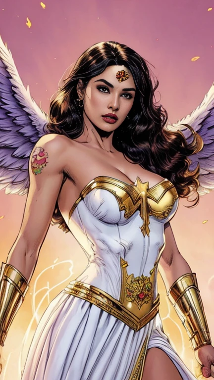 comics art,vivid colors,beautiful vintage super hero warrior woman with very big wings,beautiful face,corpo de frente para o observador,segurando uma espada,white dress with gold embroid details,little breasts, (determined face expression,flowery background,vivid colors,soft lighting)