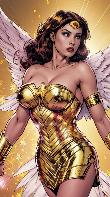 comics art,vivid colors,beautiful vintage super hero warrior woman with very big wings,beautiful face,corpo de frente para o observador,segurando uma espada,white dress with gold embroid details,little breasts, (determined face expression,flowery background,vivid colors,soft lighting)