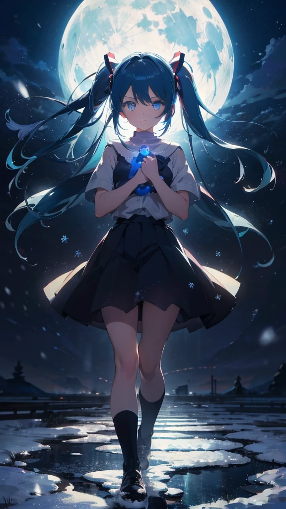 (masterpiece、highest quality)、1 girl ,Grim expression、hatsunemiku,Warm lighting、 Blurred foreground、night、High Contrast、Twin tails,blue gem eyes,Blue Hair,night,snowing,Heavy snowfall,winter,Alone in the vast snowy field,whole body,curse,Looking at me,Huge construction,moon,whole body,shine,bright,Sad expression,whole body,sad face,legs,Huge structures,universe,planet