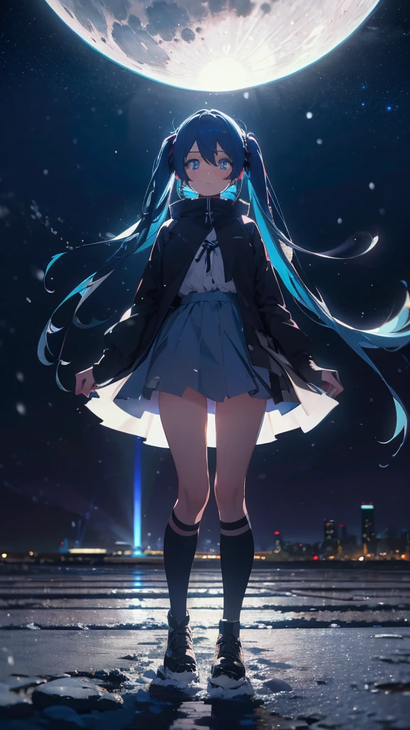 (masterpiece、highest quality)、1 girl ,Grim expression、hatsunemiku,Warm lighting、 Blurred foreground、night、High Contrast、Twin tails,blue gem eyes,Blue Hair,night,snowing,Heavy snowfall,winter,Alone in the vast snowy field,whole body,curse,Looking at me,Huge construction,moon,whole body,shine,bright,Sad expression,whole body,sad face,legs,Huge structures,universe,planet