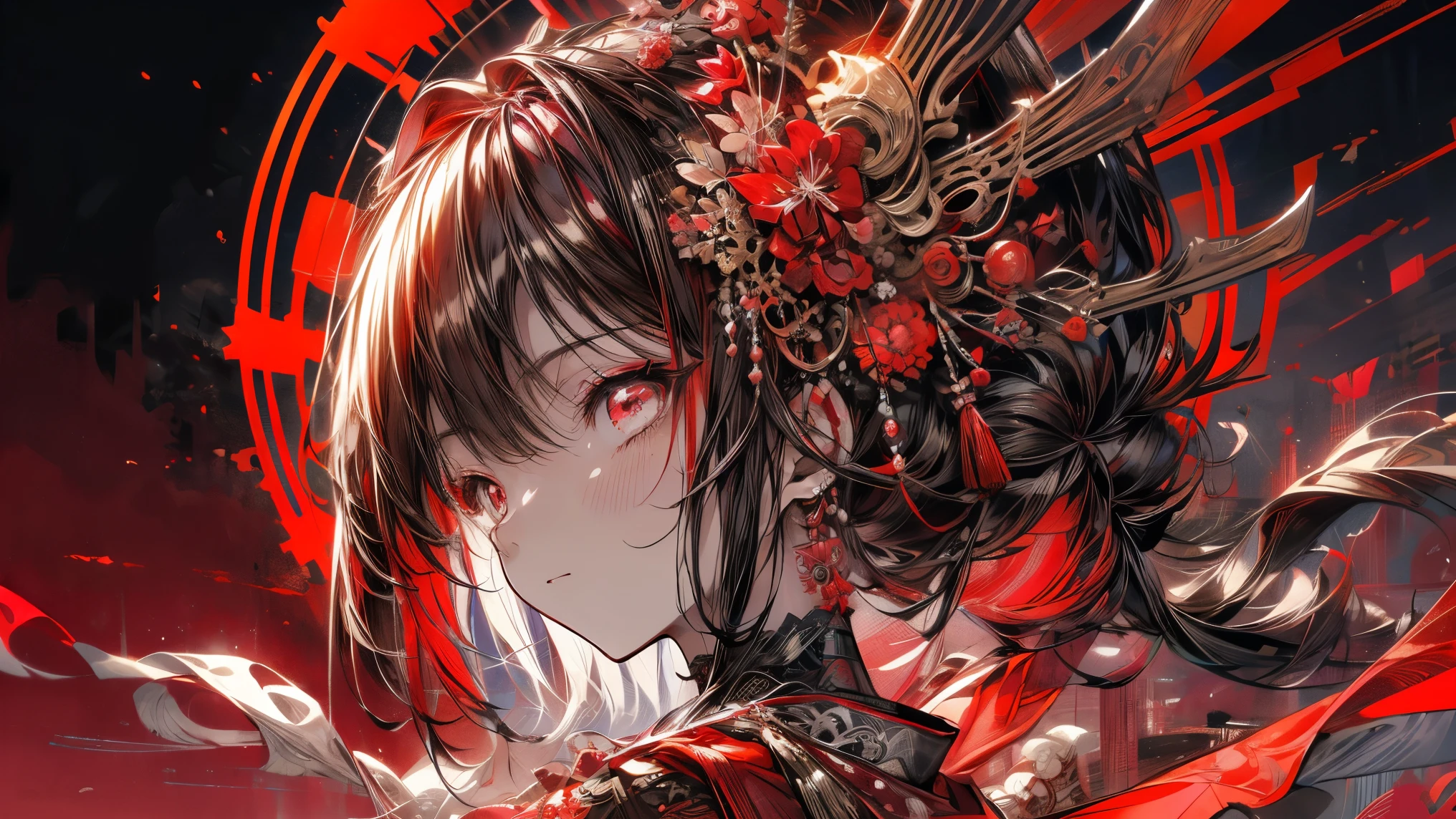 A world in crimson red, una chica vestida de geisha roja, kimono muy hermoso, murales a gran escala, Dimensiones multicapa, cielo Rojo, Arquitectura japonesa roja, red gradient, anime wallpaper lovely red lantern girl, Cara ultra detallada, kawaii, in the style of scenic environments, japanese style landscapes, rojo oscuro y rojo brillante, Dark burgundy and light crimson, digital art techniques --ar 5 7 --niji 5 --beautiful style,