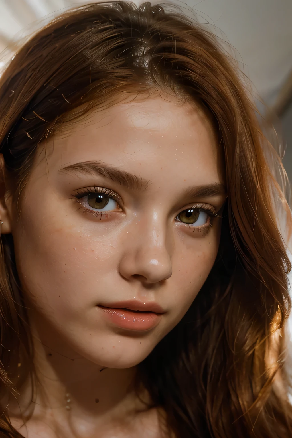 (best quality), (Ultra HD), (masterpiece), (extreme details), 1 girl, solo, pov, looking direct to viewer, portrait of stunning beauty, (natural face), age, innocent and confident looking, brown eyes, red orange hair, long hair, pretty lipstick, sharp focus, bright skin, (textured skin), (small and thin nose), (white light), (close-up shot)