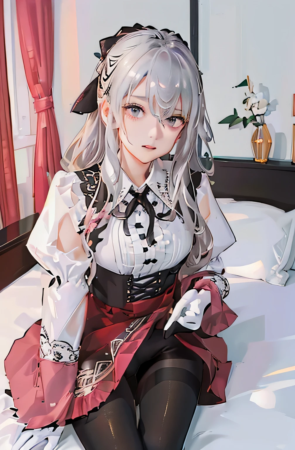 (((1 girl)),Ray Tracing,(Dim lighting),[Detailed Background (Bedroom)),((Silver Hair)),((Silver Hair)),(Fluffy Silver Hair, Plump and slender girl)) Raised ponytail)))) Avoid blonde eyes in the ominous Bedroom ((((Girls、She wears intricately embroidered black high-waisted pants and pantyhose.。) White frilly ribbon gloves), Showing off a delicate, slim figure and graceful curves, Correct limbs, Sitting on the bed、8K、Perfect female body、Red line clothes、8K、High quality、Naughty fashion、Big Breasts、Eros、Lingerie、Pink outfit、bikini