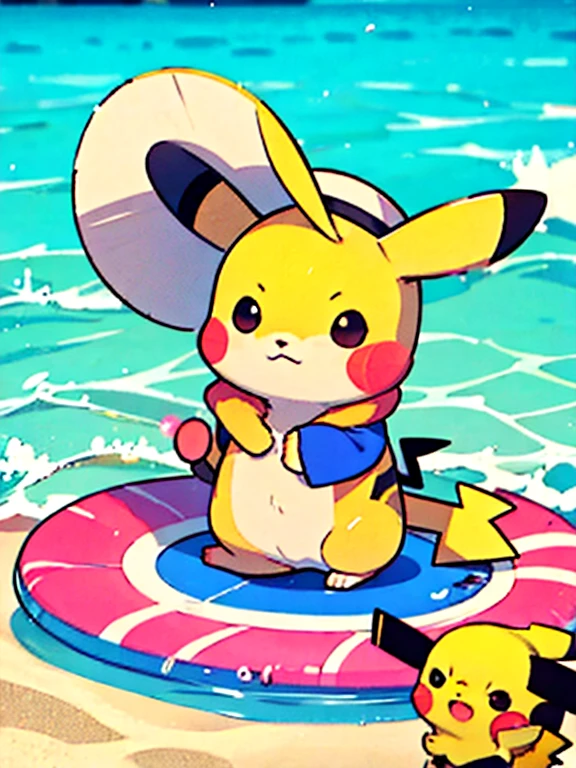 1Pikachu y 2pichu bajo sombrero en la playa.