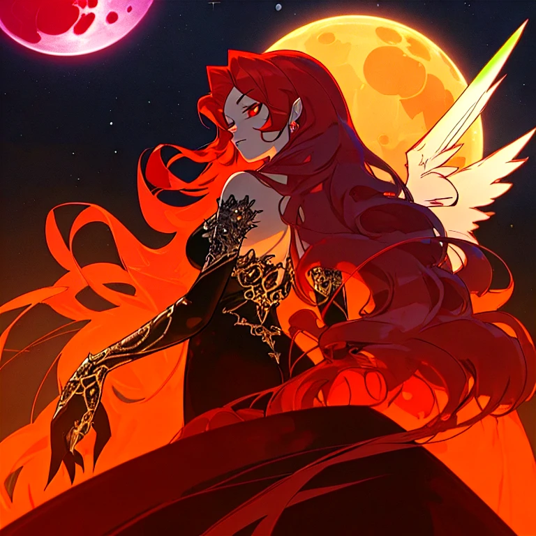 In full growth, a beautiful girl demon with big , lush wings, big fire wings, long red hair, big red eyes, soft facial features, black and red fluffy dress with rhinestones, crystal bright shine of rhinestones, against the backdrop of the cosmic sky and large two bright moons, detailed drawing of small details , filigree drawing of small details, fantasy, soft lighting, soft atmosphere, tenderness, view from the back, cat eyes