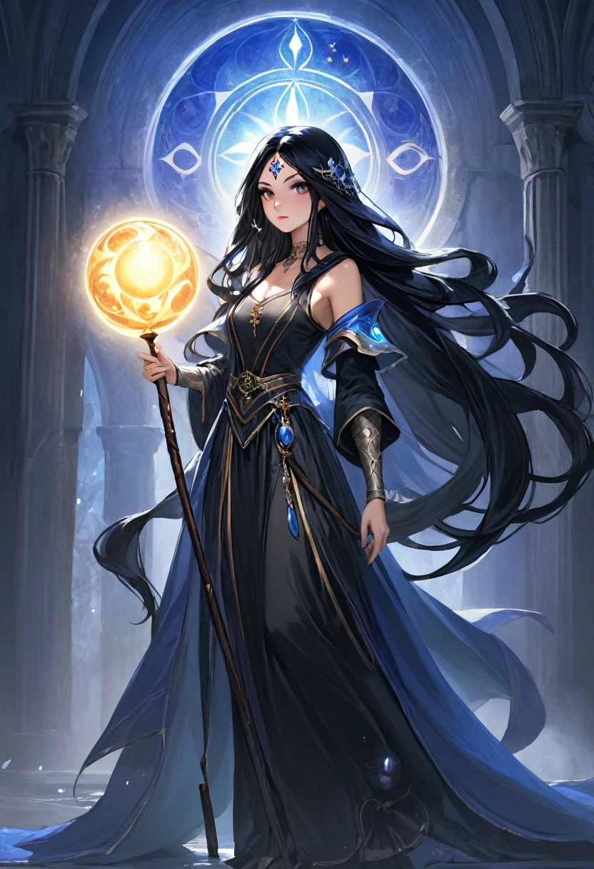 European medieval fantasy sorceress, Italian features, 22 years old, very long black hair, holds a long stick with orbs