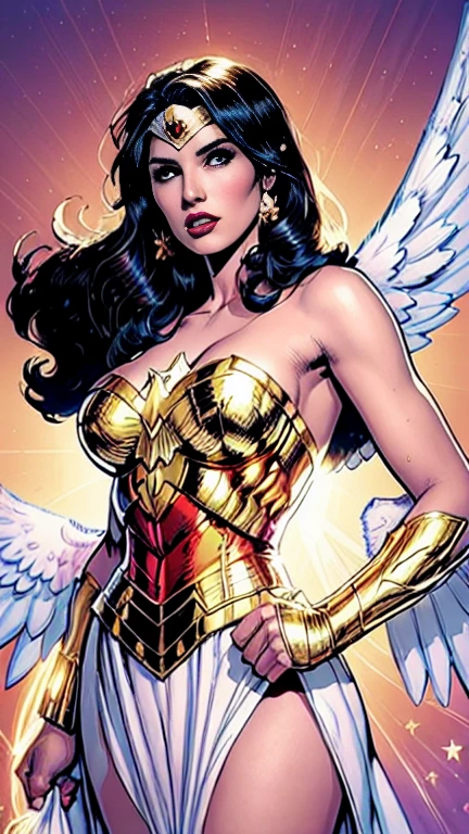 comics art,vivid colors,beautiful vintage super hero warrior woman with very big wings,beautiful face,corpo de frente para o observador,segurando uma espada,white dress with gold embroid details,little breasts, (determined face expression,flowery background,vivid colors,soft lighting)