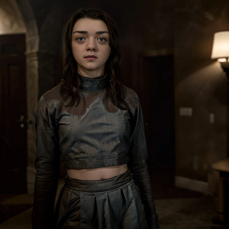 Masterpiece, best quality, detailed face, Arya Stark, sexy dress, midriff, in a room, looking at viewer, sexy smirk face