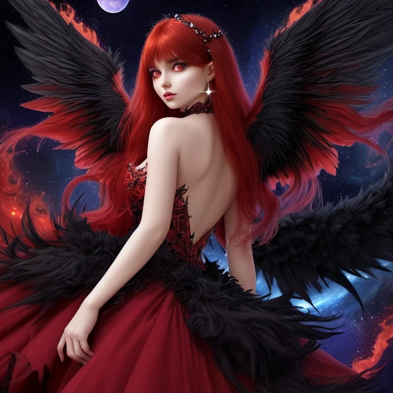 In full growth, a beautiful girl demon with big , lush wings, big fire wings, long red hair, big red eyes, soft facial features, black and red fluffy dress with rhinestones, crystal bright shine of rhinestones, against the backdrop of the cosmic sky and large two bright moons, detailed drawing of small details , filigree drawing of small details, fantasy, soft lighting, soft atmosphere, tenderness, view from the back, cat eyes
