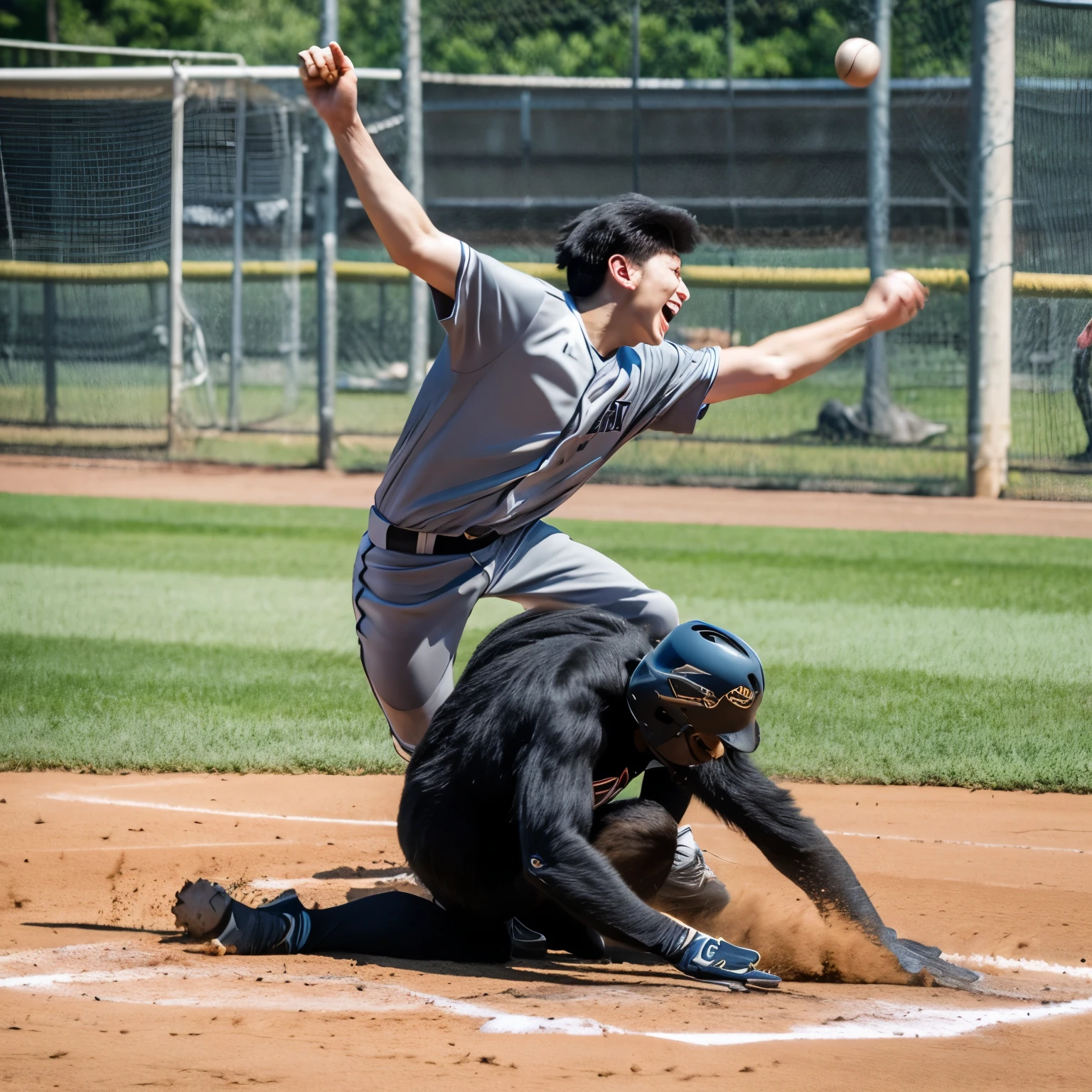 Ape playing baseball furious and energetic 
